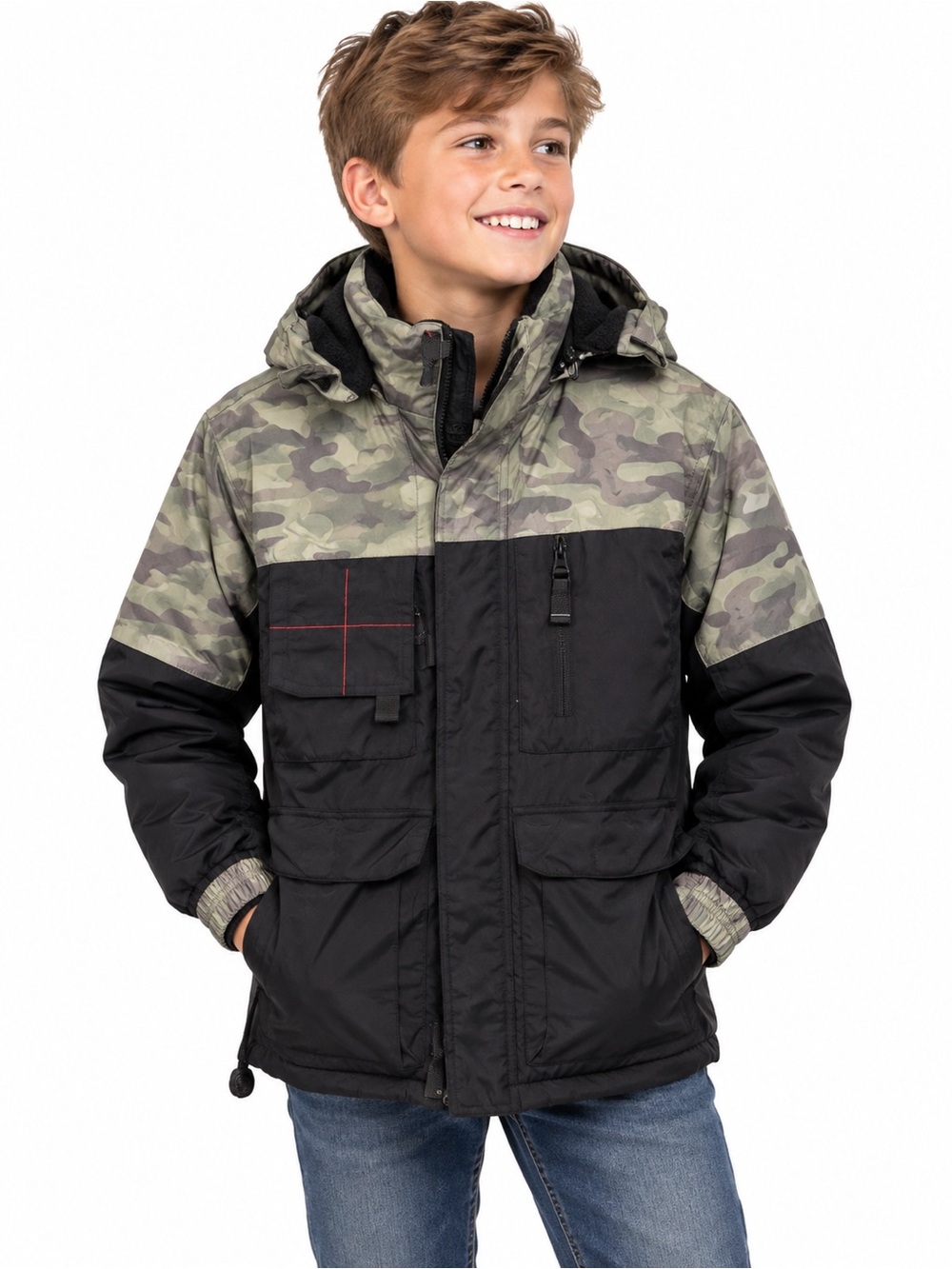 Snozu Boys' Hooded Puffer Jacket in Black and Camo